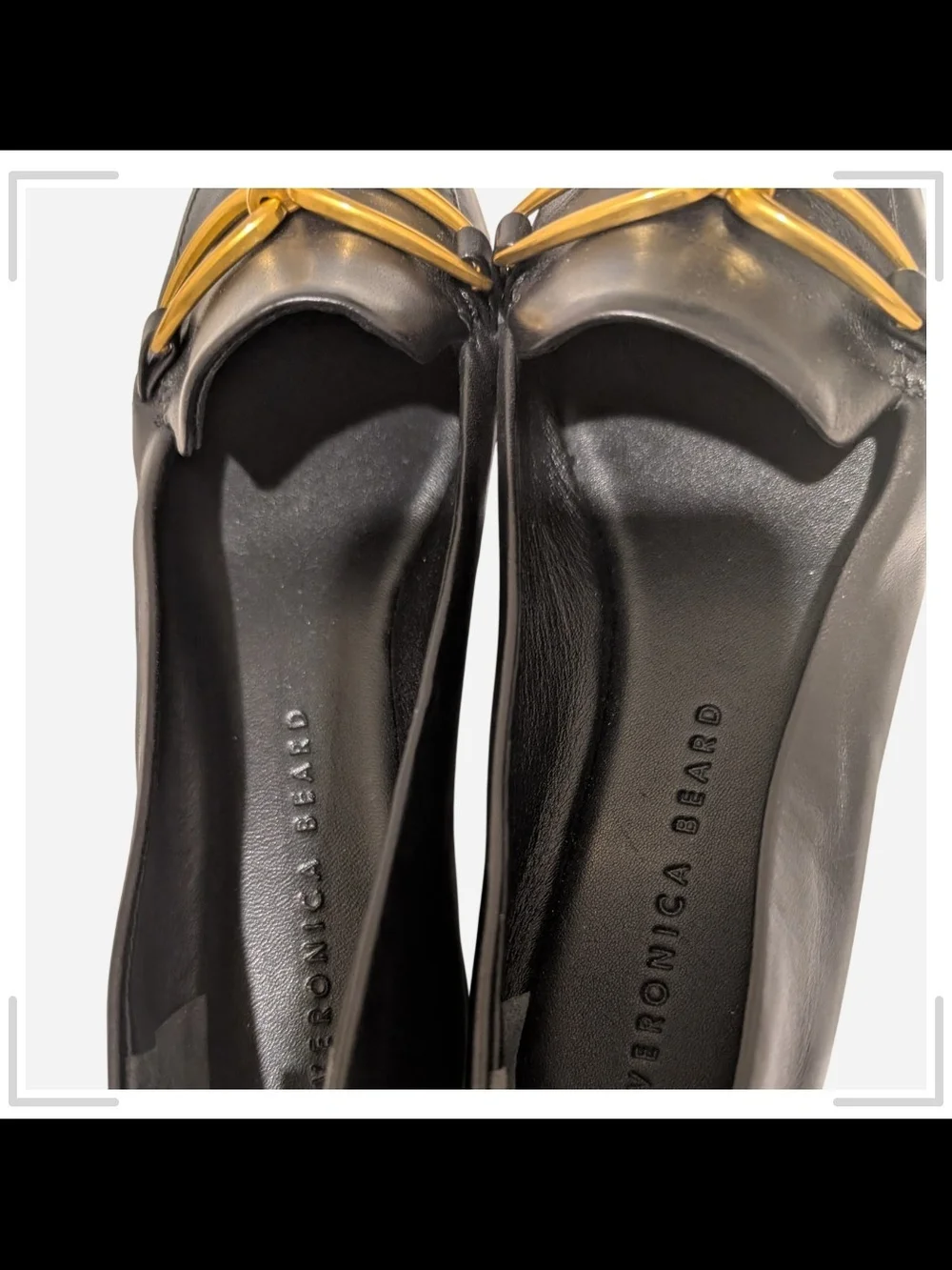 Veronica Beard Black Leather Pointed Loafers with Gold Link Detail